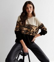 ONLY Stone Animal Print Colour Block Knit Crew Neck Jumper